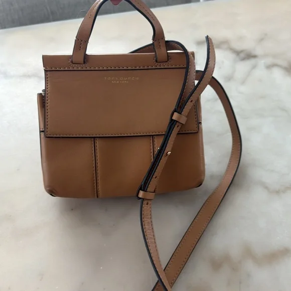 Tory Burch Block  T Mini Satchel Bag Light Tan Leather Handbag Top Handle 2 Ways - Picture 16 of 17